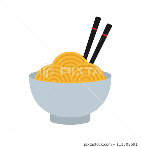 Bowl of noodle with chopsticks drawing. Ramen noodle soup bowl. 113308691