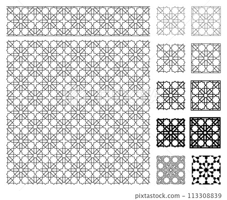 Seamless arabic geometric ornament in black color. Seamless arabic geometric ornament in black color. 113308839
