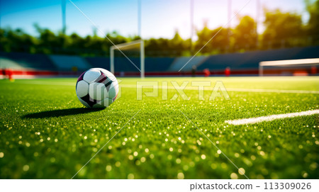 Soccer ball sitting on top of green field next to goal. 113309026