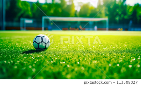 Soccer ball sitting on top of lush green grass covered soccer field. 113309027