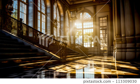 The sun shines through the windows of large building with staircase. 113309030