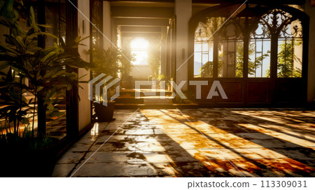 The sun shines through the windows into hallway with potted plants. 113309031