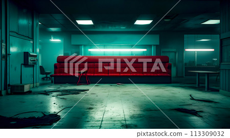 Red couch in dark room with sign that reads xeamppy. 113309032