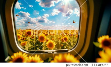 Field of sunflowers with blue sky and clouds in the background. 113309036