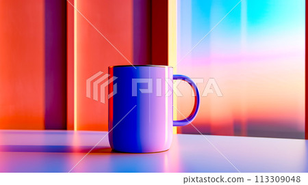 Blue and white coffee mug sitting on table next to window. 113309048