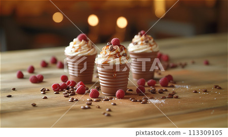 Three glasses of white ice cream decorated with raspberries and chocolate on a wooden table. 113309105