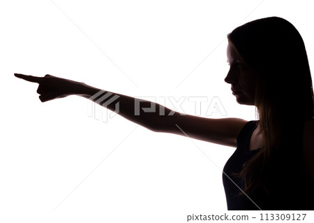 Young woman in suit shows his index finger, hand forward Young woman in suit shows his index finger, hand forward 113309127