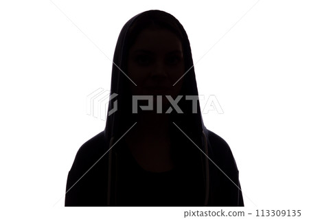 Silhouette of a girl in the hood, the symbol of anonymity Silhouette of a girl in the hood, the symbol of anonymity 113309135