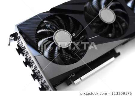 A black and white video card on a white background. Fans and the graphics card case. Computer accessories. 113309176