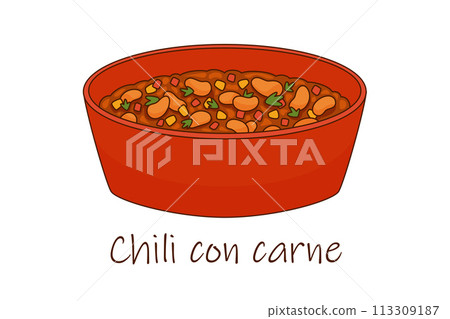 Traditional Mexican food with meat and beans chili con carne in a red bowl Traditional Mexican food with meat and beans chili con carne in a red bowl 113309187