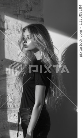Moody Black and White Aesthetic Grainy Portrait of Sensual Fashionable Young Woman. Retro Vibe Female Model Trendy Photo. Moody Black and White Aesthetic Grainy Portrait of Sensual Fashionable Young Woman. Retro Vibe Female Model Trendy Photo. 113309194