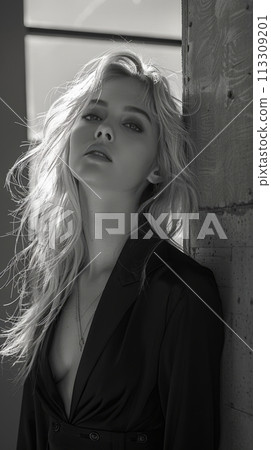 Moody Black and White Aesthetic Grainy Portrait of Sensual Fashionable Young Woman. Retro Vibe Female Model Trendy Photo. Moody Black and White Aesthetic Grainy Portrait of Sensual Fashionable Young Woman. Retro Vibe Female Model Trendy Photo. 113309201