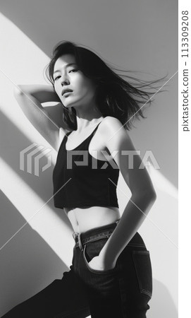 Moody Black and White Aesthetic Grainy Portrait of Sensual Fashionable Young Woman. Retro Vibe Female Model Trendy Photo.  113309208