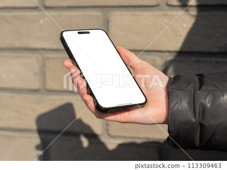 Berlin Germany January 21 2024 Hand with mobile phone screen mockup, blank white iphone display Berlin Germany January 21 2024 Hand with mobile phone screen mockup, blank white iphone display 113309463