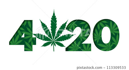 420 Weed Day International Holiday greeting card, banner, poster. Four twenty numbers made from marijuana cannabis leaves isolated on white background. Vector illustration 420 Weed Day International Holiday greeting card, banner, poster. Four twenty numbers made from marijuana cannabis leaves isolated on white background. Vector illustration 113309533