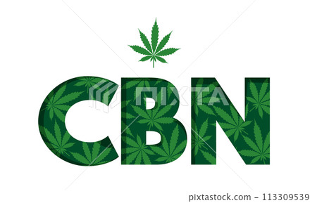 CBN abbreviation of Cannabinol, letters created from cannabis leaves. Medical use component constituent of cannabis plant. Good for label design, brochure and teaching aids 113309539