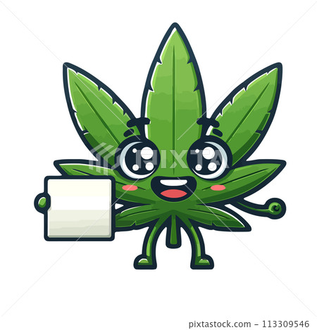 Cartoon cannabis character smiling with empty banner for text, fun and joy. Medicinal marijuana hemp leaf cute character Isolated on white background with copy space 113309546