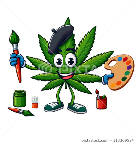 Creative marijuana leaf character painting with a palette and brush. Cannabis hemp cartoon leaf artist, isolated on white background 113309554