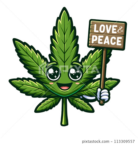 Cute cannabis character leaf holding a sign that says Peace and Love. Hemp adorable cartoon leaf isolated on white background. 113309557