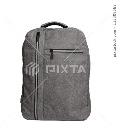Gray backpack, schoolbag front view isolated on white background 113309565
