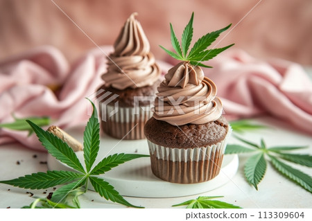 Chocolate cupcakes with cannabis leaves and creamy tops on light pastel background 113309604