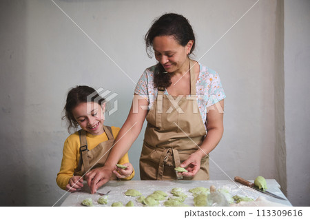 Happy mother nd daughter cooking dumplings in the rustic home kitchen of a rural house Happy mother nd daughter cooking dumplings in the rustic home kitchen of a rural house 113309616