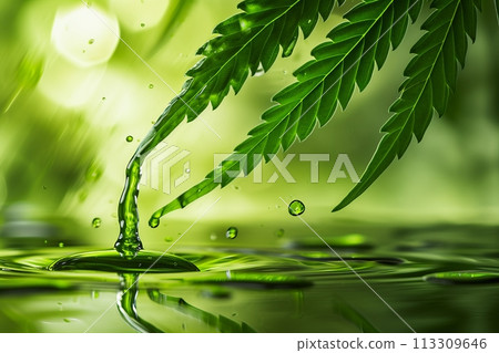 Cannabis leaf and cannabis green oil. Dripping cosmetic hemp oil from marijuana leaf. For cosmetic products based on hemp 113309646