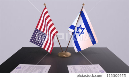Israel and USA at negotiating table. Business and politics 3D illustration. National flags, diplomacy deal. International agreement Israel and USA at negotiating table. Business and politics 3D illustration. National flags, diplomacy deal. International agreement 113309655