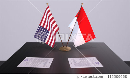 Indonesia and USA at negotiating table. Business and politics 3D illustration. National flags, diplomacy deal. International agreement Indonesia and USA at negotiating table. Business and politics 3D illustration. National flags, diplomacy deal. International agreement 113309668