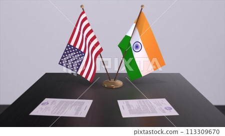 India and USA at negotiating table. Business and politics 3D illustration. National flags, diplomacy deal. International agreement India and USA at negotiating table. Business and politics 3D illustration. National flags, diplomacy deal. International agreement 113309670