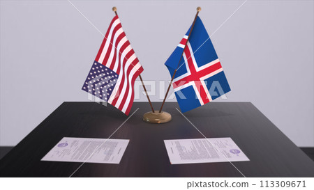 Iceland and USA at negotiating table. Business and politics 3D illustration. National flags, diplomacy deal. International agreement Iceland and USA at negotiating table. Business and politics 3D illustration. National flags, diplomacy deal. International agreement 113309671