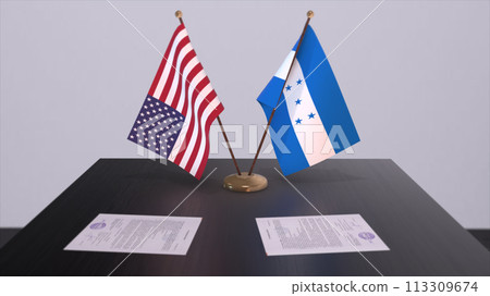 Honduras and USA at negotiating table. Business and politics 3D illustration. National flags, diplomacy deal. International agreement Honduras and USA at negotiating table. Business and politics 3D illustration. National flags, diplomacy deal. International agreement 113309674