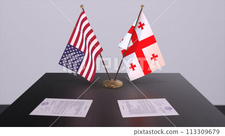 Georgia and USA at negotiating table. Business and politics 3D illustration. National flags, diplomacy deal. International agreement Georgia and USA at negotiating table. Business and politics 3D illustration. National flags, diplomacy deal. International agreement 113309679