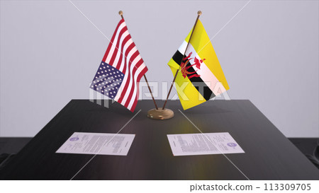 Brunei and USA at negotiating table. Business and politics 3D illustration. National flags, diplomacy deal. International agreement Brunei and USA at negotiating table. Business and politics 3D illustration. National flags, diplomacy deal. International agreement 113309705