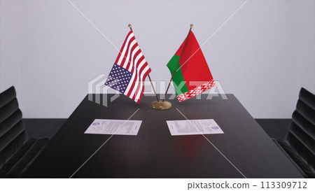 Belarus and USA at negotiating table. Business and politics 3D illustration. National flags, diplomacy deal. International agreement Belarus and USA at negotiating table. Business and politics 3D illustration. National flags, diplomacy deal. International agreement 113309712
