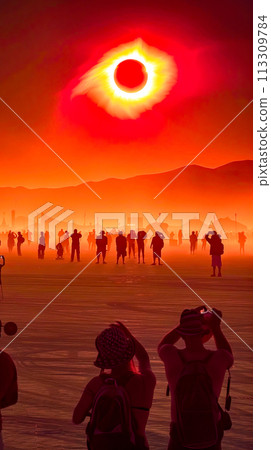 Group of people standing on top of beach under red sky. 113309784