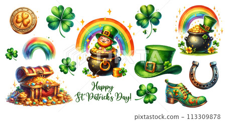 St. Patrick's Day clipart set elements in watercolor style isolate on transparent background. Leprechaun's pot with gold and lucky rainbow, Shamrock and cute Leprechaun character in hat with treasures 113309878