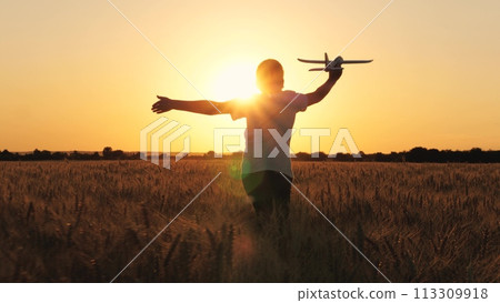 Cheerful boy teen running with plane toy on autumn wheat field at cinematic sunset sunrise back view closeup. Active male kid playing flying airplane plaything enjoy freedom happy childhood at meadow Cheerful boy teen running with plane toy on autumn wheat field at cinematic sunset sunrise back view closeup. Active male kid playing flying airplane plaything enjoy freedom happy childhood at meadow 113309918