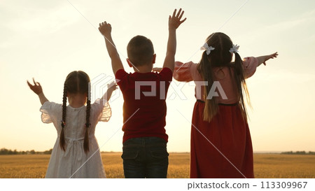 little child kid boy girl stretch their hand sun, ray fingers, vacation travel, sun playful children, kids sun fascination, familial religious activities, happy religious family, fostering happiness 113309967