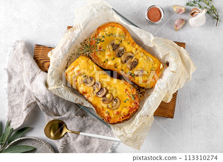 Butternut Roast with cream and Mushroom Stuffing. 113310274