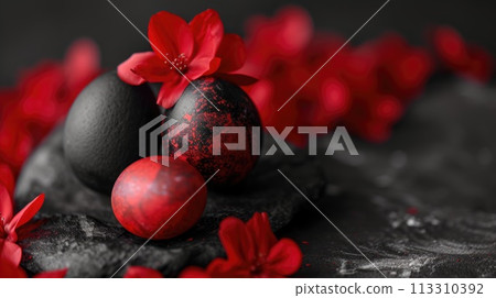 Red and black Easter Eggs on dark Background. Happy Easter eggs Red and black Easter Eggs on dark Background. Happy Easter eggs 113310392