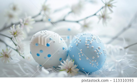 Two Blue Easter Eggs with White Polka Dots on Light Blue Background 113310393