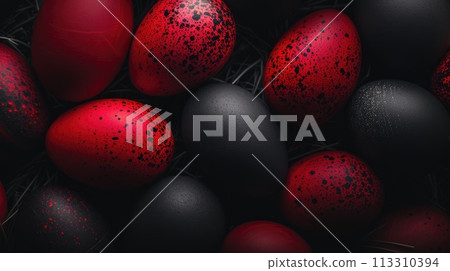 Red and black Easter Eggs on dark Background. Happy Easter eggs Red and black Easter Eggs on dark Background. Happy Easter eggs 113310394
