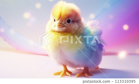 Vibrant chicken with colorful rainbow feathers on bright background Vibrant chicken with colorful rainbow feathers on bright background 113310395