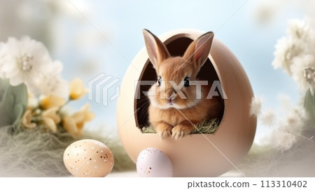 Cute baby rabbit peeking out of a cracked Easter egg on a white background Cute baby rabbit peeking out of a cracked Easter egg on a white background 113310402