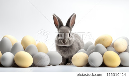 Small gray rabbit sits between shiny gold and silver Easter eggs on white background 113310424