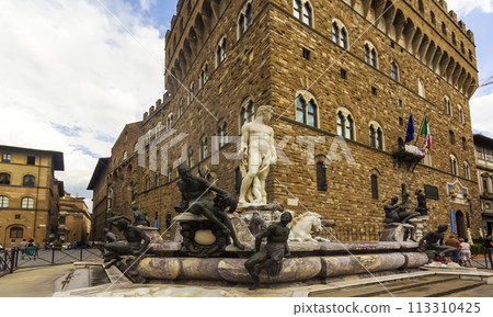 May 9, 2023 Florence, Italy.The Fountain of Neptune in a summer day in Florence, Italy 113310425