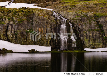Mountain lake waterfall Flotvatnet Norway 113310503