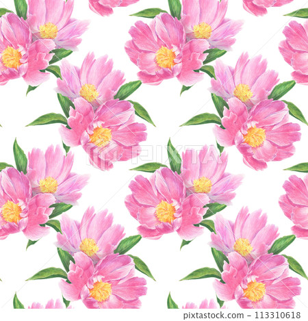 Seamless pattern of peony flowers and leaves drawn with colored pencils. 113310618