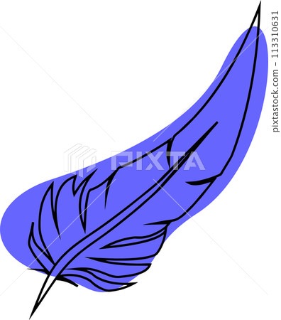drawing of a blue bird feather with a black outline, decorative element, logo drawing of a blue bird feather with a black outline, decorative element, logo 113310631